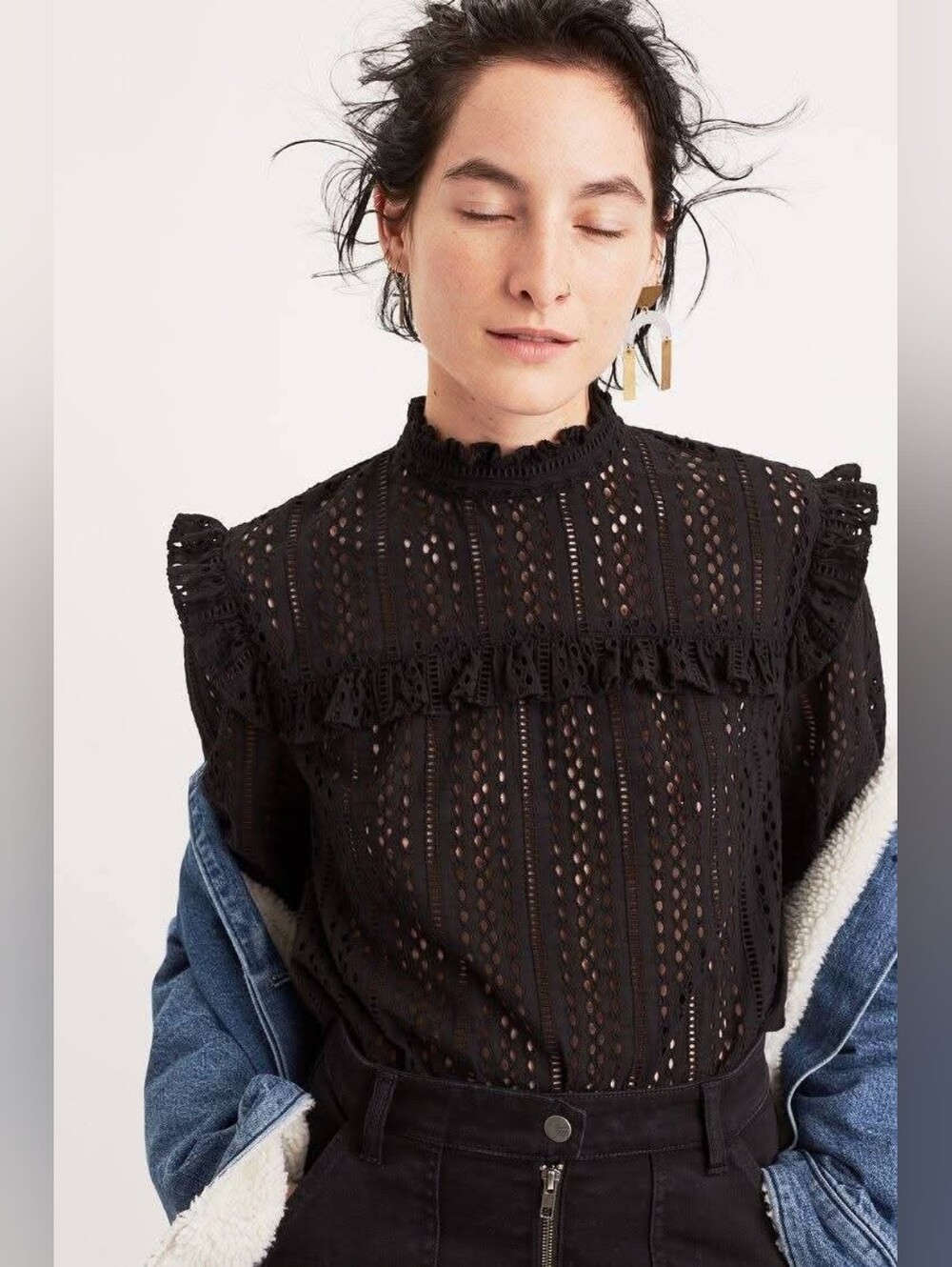 Madewell Black Eyelet Ruffle Blouse High Neck Long Sleeve Cotton Top Size XS